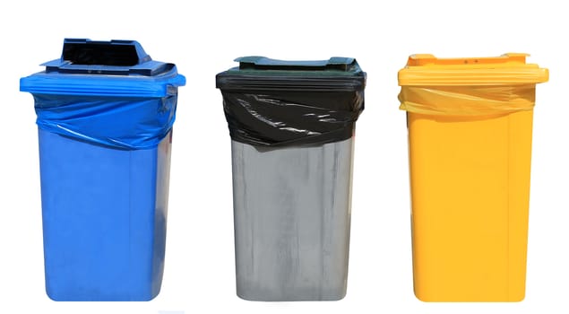 Set of blue, gray and yellow recyling bins on a white background.