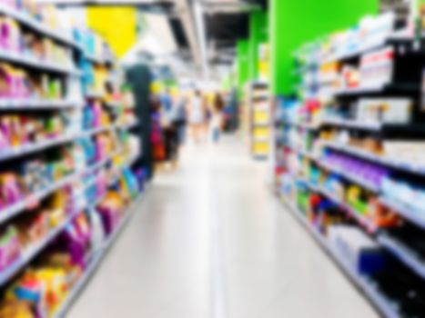 Abstract blurred supermarket aisle with colorful shelves and unrecognizable customers as background