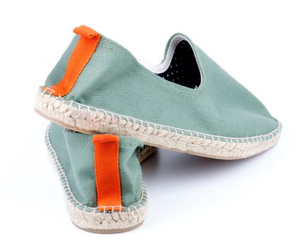 Contemporary Light Green Espadrilles with Polka Dot Lining and Orange Facing closeup on White background