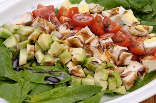 rustic salad with spinach, avocado, diced chicken, tomatoes and eggs