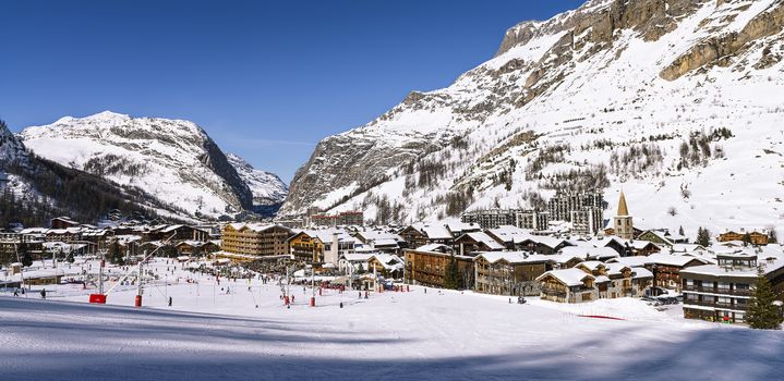 VAL D'ISERE, FRANCE - FEBUARY 10, 2015 : Val D'Isere station-the luxury and famous ski resort in Tarentaise, french alps, France in winter