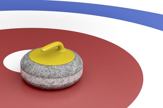 Curling stone with yellow handle in the center of target area 