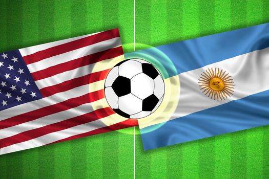 green Soccer / Football field with stripes and flags of usa / america - argentina, and ball.