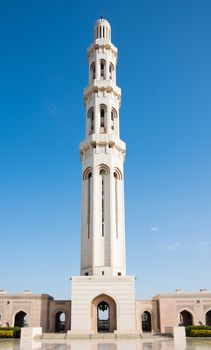 The main minaret at Sultan Qaboos Grand Mosque in Muscat, the main mosque of The Sultanate of Oman.