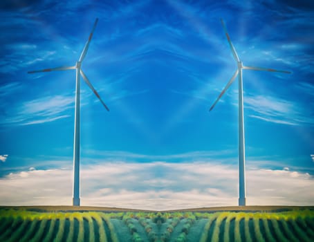 Artistic work of my own. HDR processing.
Wind turbine with light rays at abstract blue sky.
