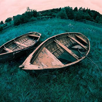 Color film image of boats ashore