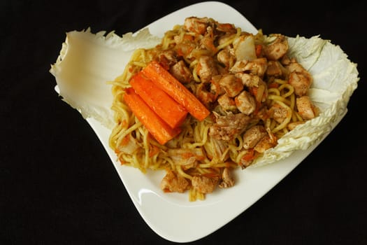 Taken 15. January 2016 Jablonec above Nisou, Czech Republic china noodle chicken meat odds grated carrot, odds cabbage to leaf Chinese cabbage white plate dark background