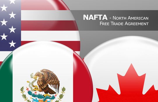 NAFTA USA Canada Mexico - Flag buttons labeled with NAFTA - North American Free Trade Agreement