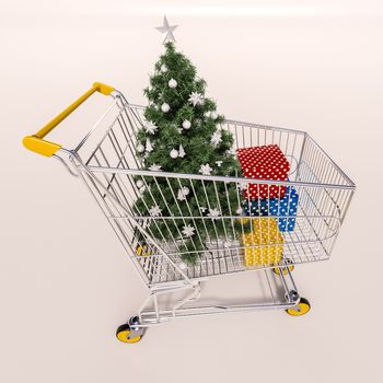 3d render: Christmas shopping cart full of boxes, gift buying