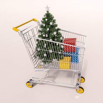 3d render: Christmas shopping cart full of boxes, gift buying