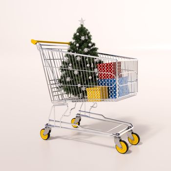 3d render: Christmas shopping cart full of boxes, gift buying