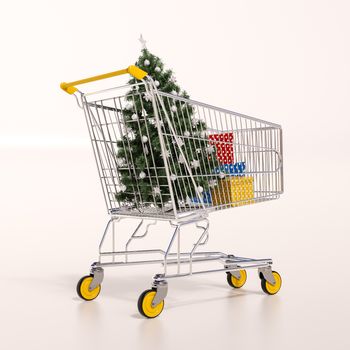 3d render: Christmas shopping cart full of boxes, gift buying