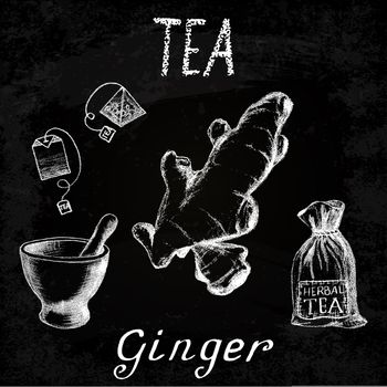 Ginger herbal tea. Chalk board set of elements on the basis hand pencil drawings. Ginger root, tea bag, mortar and pestle, textile bag. For labeling, packaging, printed products