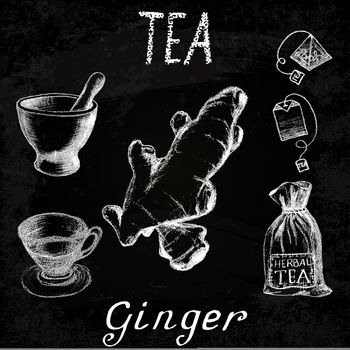 Ginger herbal tea. Chalk board set elements on the basis hand pencil drawings. Ginger root, tea bag, mortar and pestle, textile bag, cup. For labeling, packaging, printed products