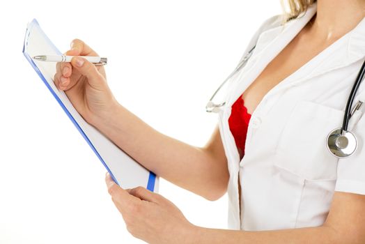 Cropped image of a sexy nurse filling in forms on white background.