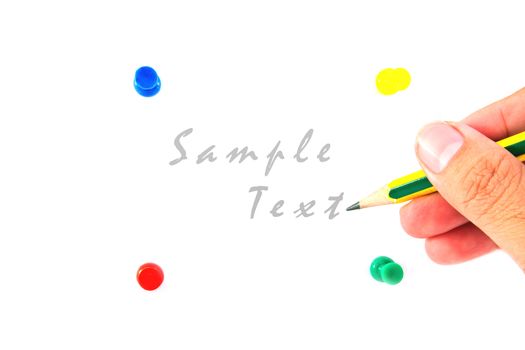 Push pins and pencil on hand  isolated on white background 