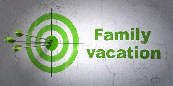 Success travel concept: arrows hitting the center of target, Green Family Vacation on wall background, 3D rendering