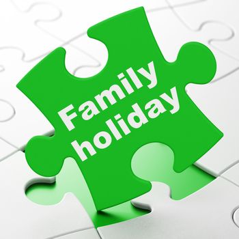 Tourism concept: Family Holiday on Green puzzle pieces background, 3D rendering