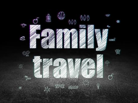 Vacation concept: Glowing text Family Travel,  Hand Drawn Vacation Icons in grunge dark room with Dirty Floor, black background