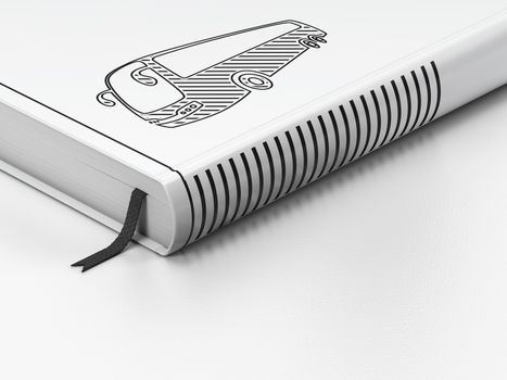 Tourism concept: closed book with Black Bus icon on floor, white background, 3D rendering