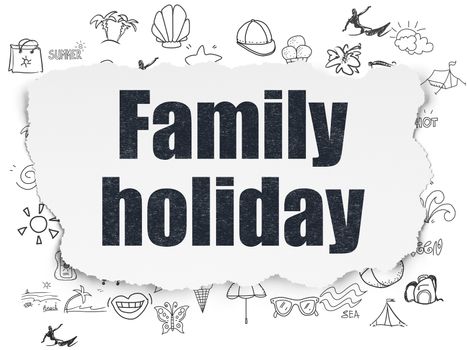 Tourism concept: Painted black text Family Holiday on Torn Paper background with  Hand Drawn Vacation Icons