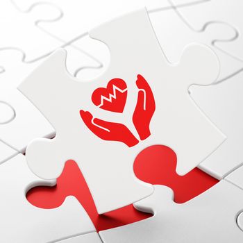 Insurance concept: Heart And Palm on White puzzle pieces background, 3D rendering