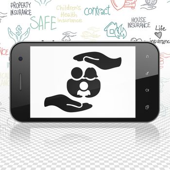 Insurance concept: Smartphone with  black Family And Palm icon on display,  Hand Drawn Insurance Icons background, 3D rendering