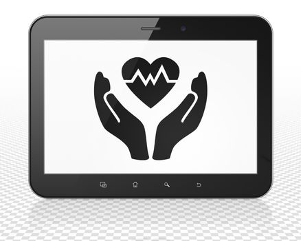 Insurance concept: Tablet Pc Computer with black Heart And Palm icon on display, 3D rendering