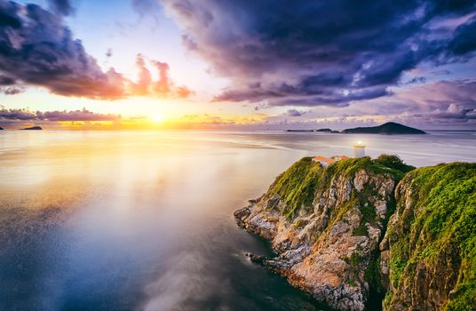 Hong Kong lighthouse during sunrise , Hok Tsui Cape D'Aguilar beautiful landscape