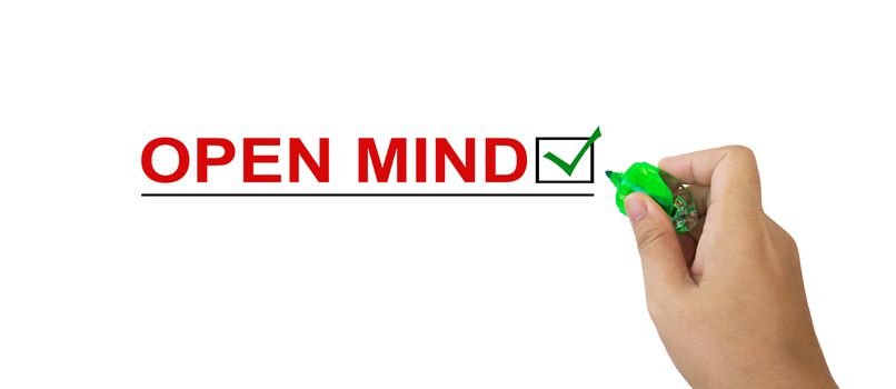 Text open mind in red colour with isolated hand and marker pen writing on white background