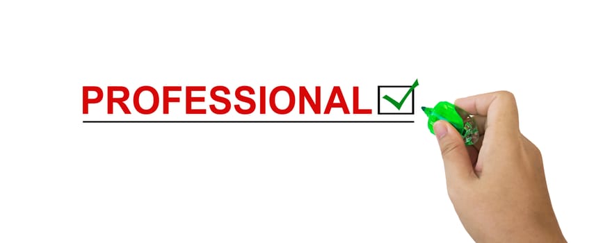 Text professional in red colour with isolated hand and marker pen writing on white background