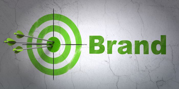 Success marketing concept: arrows hitting the center of target, Green Brand on wall background, 3D rendering