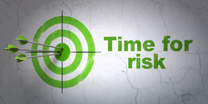 Success time concept: arrows hitting the center of target, Green Time For Risk on wall background, 3D rendering