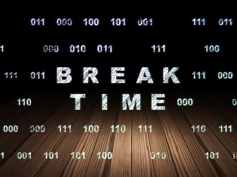 Time concept: Glowing text Break Time in grunge dark room with Wooden Floor, black background with Binary Code