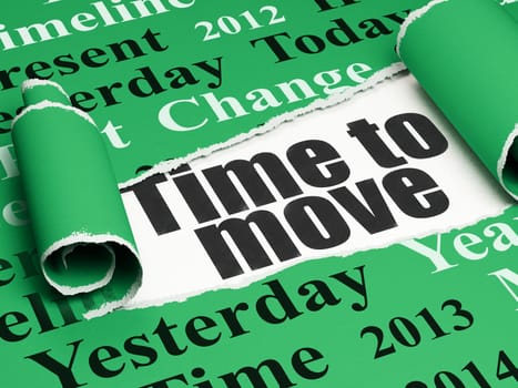 Timeline concept: black text Time to Move under the curled piece of Green torn paper with  Tag Cloud, 3D rendering