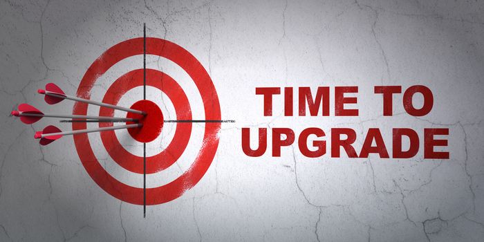 Success timeline concept: arrows hitting the center of target, Red Time To Upgrade on wall background, 3D rendering