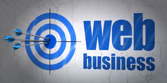 Success web development concept: arrows hitting the center of target, Blue Web Business on wall background, 3D rendering