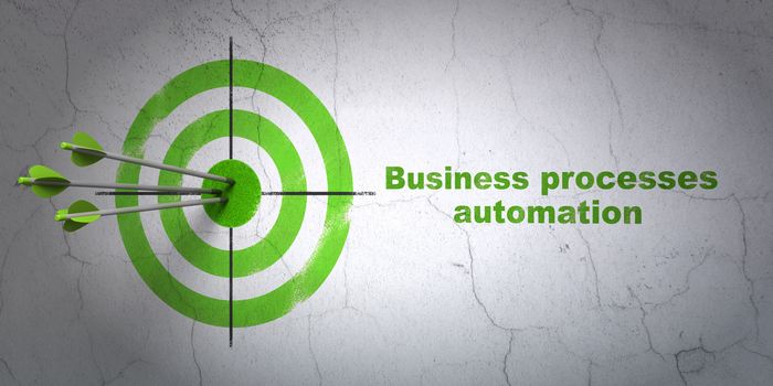 Success business concept: arrows hitting the center of target, Green Business Processes Automation on wall background, 3D rendering