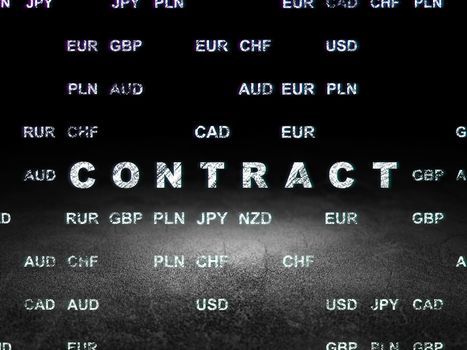 Finance concept: Glowing text Contract in grunge dark room with Dirty Floor, black background with Currency