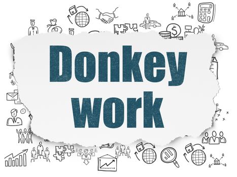 Business concept: Painted blue text Donkey Work on Torn Paper background with  Hand Drawn Business Icons