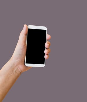 Isolated hand show or present big blank screen mobile or cellphone or smartphone on plain background with clipping path