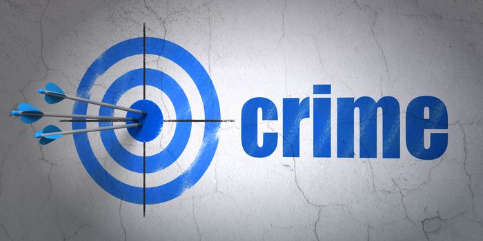 Success privacy concept: arrows hitting the center of target, Blue Crime on wall background, 3D rendering