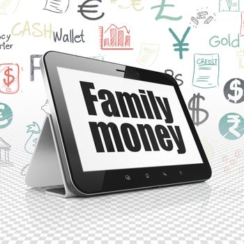 Currency concept: Tablet Computer with  black text Family Money on display,  Hand Drawn Finance Icons background, 3D rendering