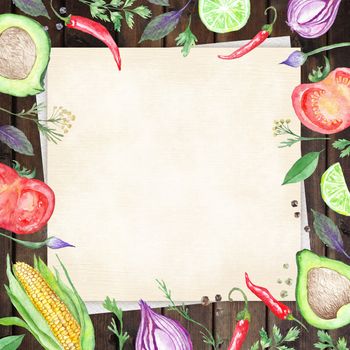 Wood table background with linen paper hand painted Vegetable border frame for kitchen and reataurant design