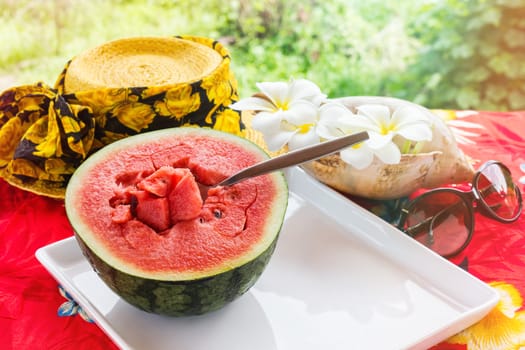 Half fresh and red watermelon fruit and spoon on white tray on table with yellow summer hat and plumeria or frangipani flowers with sea conch shell in background, watermelon in sunny day with mood of relaxing in summer vacation