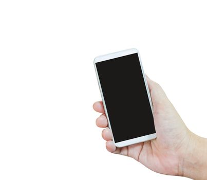 Isolated hand presenting or show white smartphone on white background, Closeup isolated hand take big blank screen mobile or cellphone 