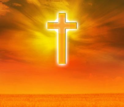 Light expel darkness concept background, Light from sky or heaven shine trough crucifix  or cross on golden sky, god, believe and hope crucifix golden shining background