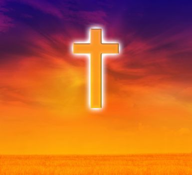 Light expel darkness concept background, Light from sky or heaven shine trough crucifix  or cross on dreamy sky, god, believe and hope crucifix background