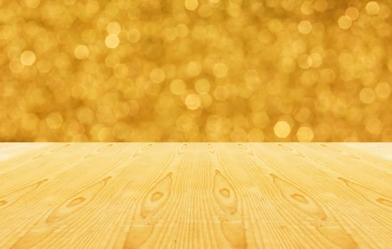 Blank area or space table top on golden luxury bokeh sparkle glow light background