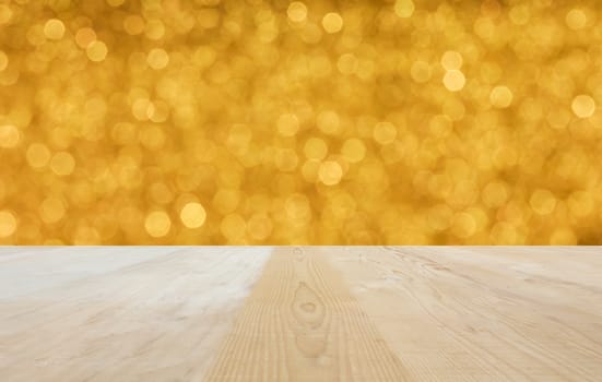 Blank area or space table top on golden luxury bokeh sparkle glow light background